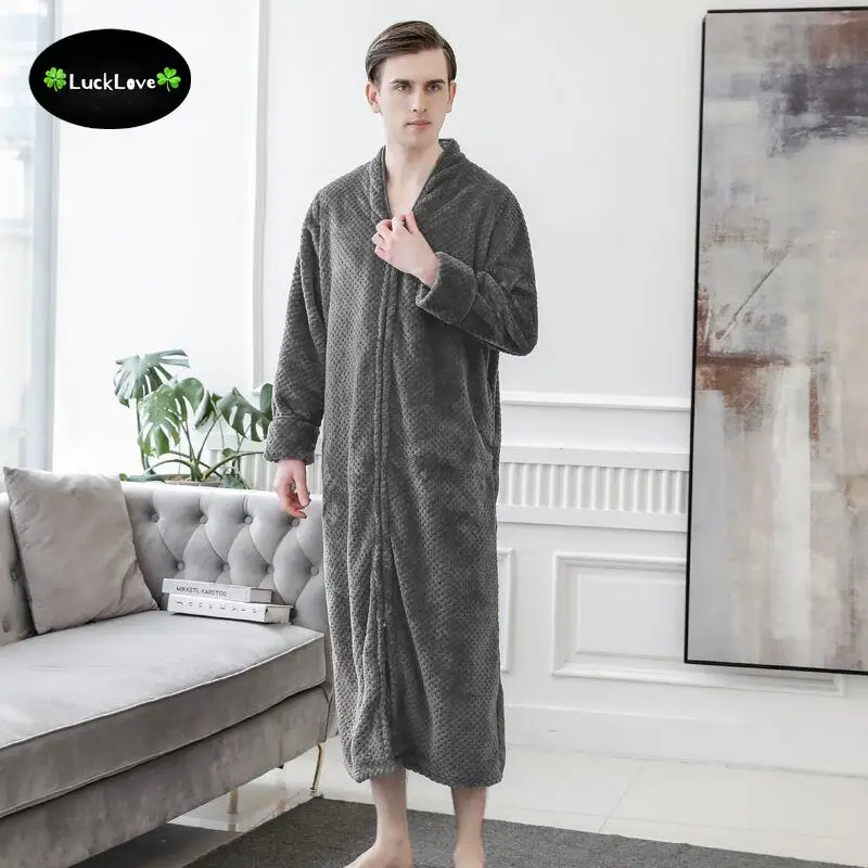 140cm X Long Floor Length Warm Robe For Men's Bathrobe Thick Velvet Kimono Home Clothes Hombre Cardigan Zipper Robes Gown Design