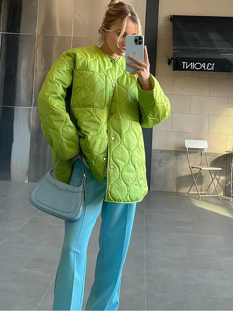 Women Autumn Winter Quilted Jacket Chic Button Loose Long Coat Elegant Green Outerwear Fashion Warm Streetwear Female 2022
