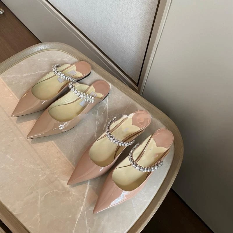 2023 New Pointed Rhinestone Muller Semi-trailer Flat Shoes Patent Leather Shallow French High Heel Women's Shoes Slippers
