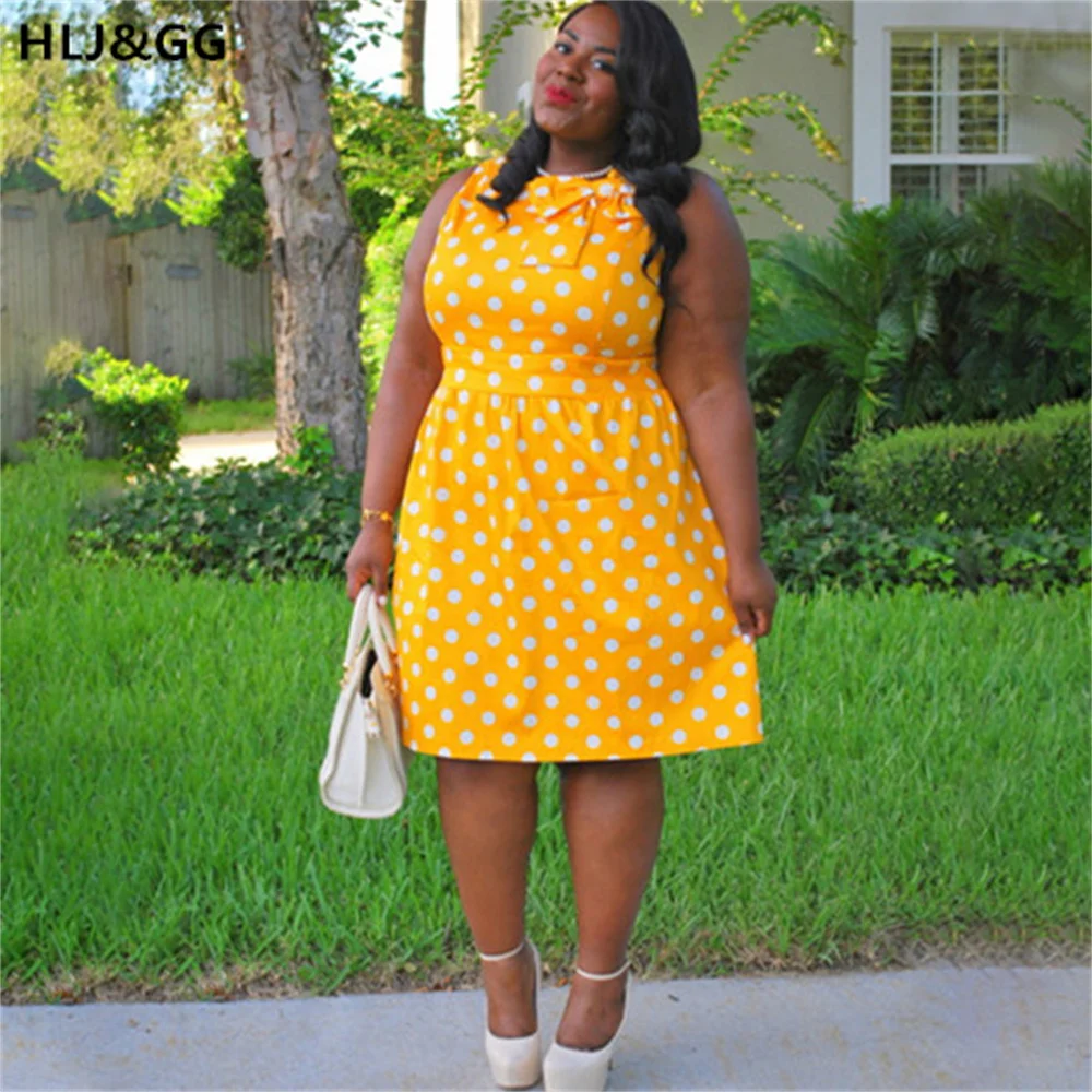 HLJ&GG Summer Bow Design Dot Print Plus Size XL-5XL Women O-Neck Sellveless Min Dress Vestidos Streetwear Short Dresses Vestidos