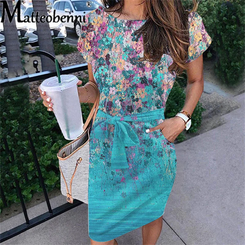 Купи Summer Blue Floral Print Beach Dress Women Casual Holiday Short Sleeve With belt Dress Boho Sundress Vestidos Fashion Clothes за 668 рублей в магазине AliExpress