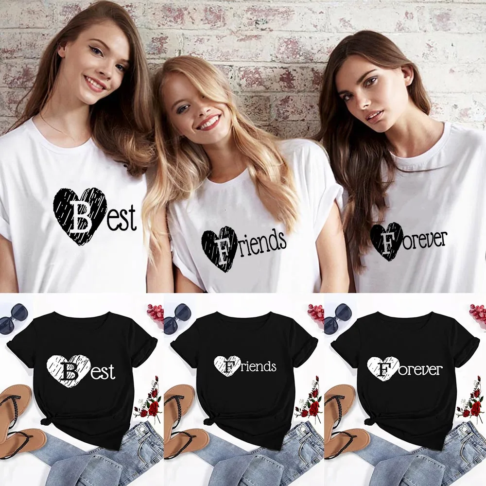 Best Friend Forever BFF Letter Print Women Graphic T Shirt Shorts Sleeve Summer T-shirt Friends Sister Matching Tees Tops Female