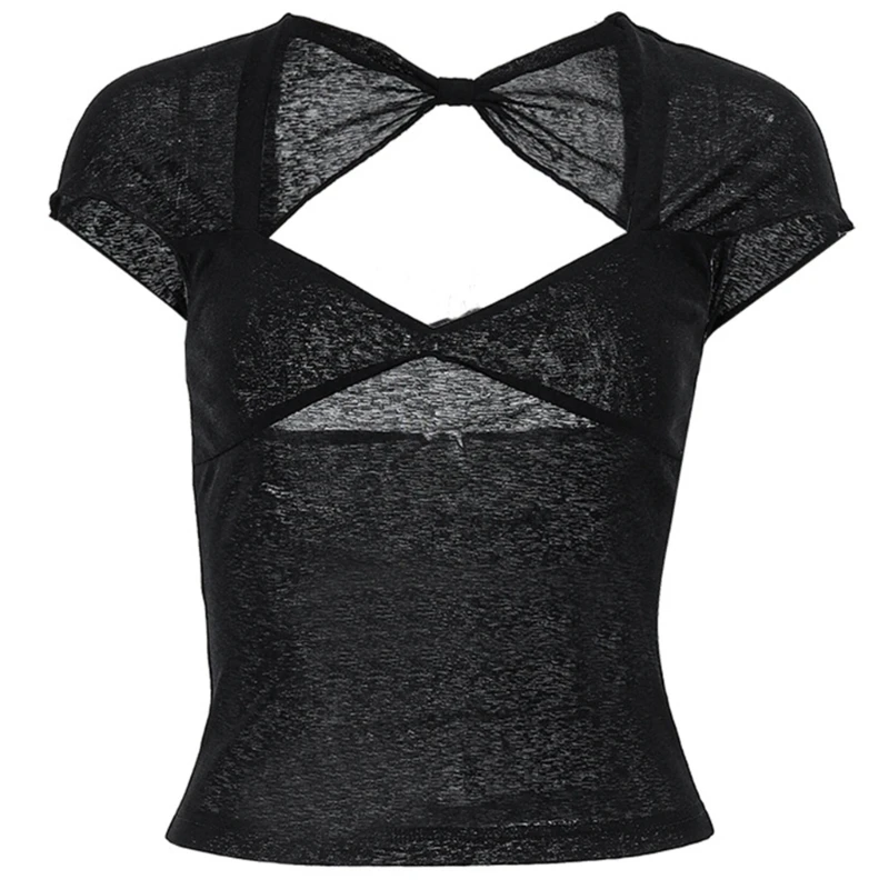 

Женская сексуальная облегающая футболка с открытой спиной, короткий топ с коротким рукавом и V-образным вырезом