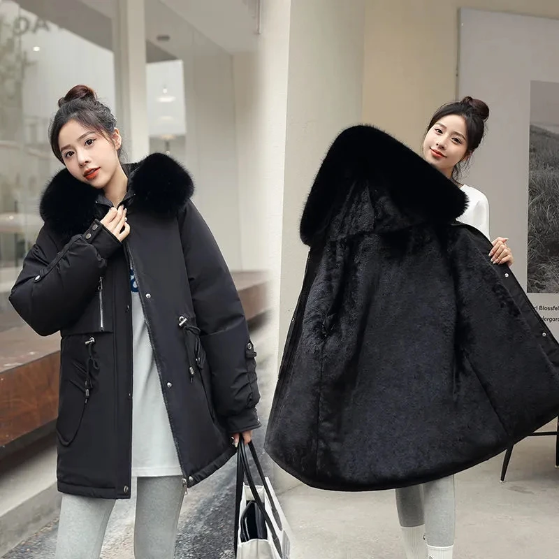 Mid-Length Winter Jackets Parkas Womens 2022 New Plus Velvet Cotton Coats Big Fur Collar Hooded Cotton-Padded Parkas Coat Jacket