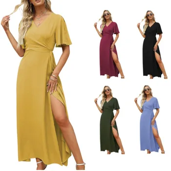 Short Sleeved V Neck Slit Slim Dress Solid High Waist Tunic Dress Summer Dresses Qutfits Dresses 2023 Sexy Female Dress 1