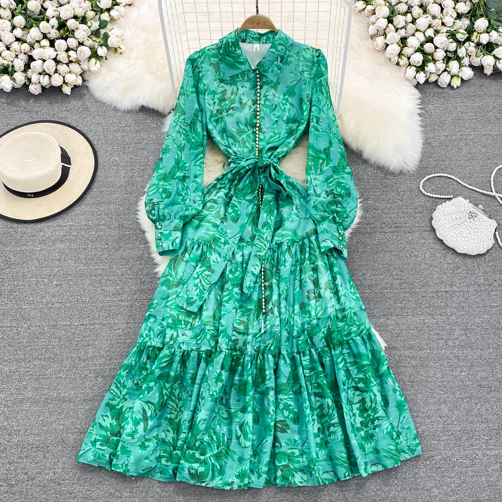 

SuperAen Retro Style Spring and Autumn Lapel Waist Closed Printed A-line Ruffle Dress Elegant Women Dress