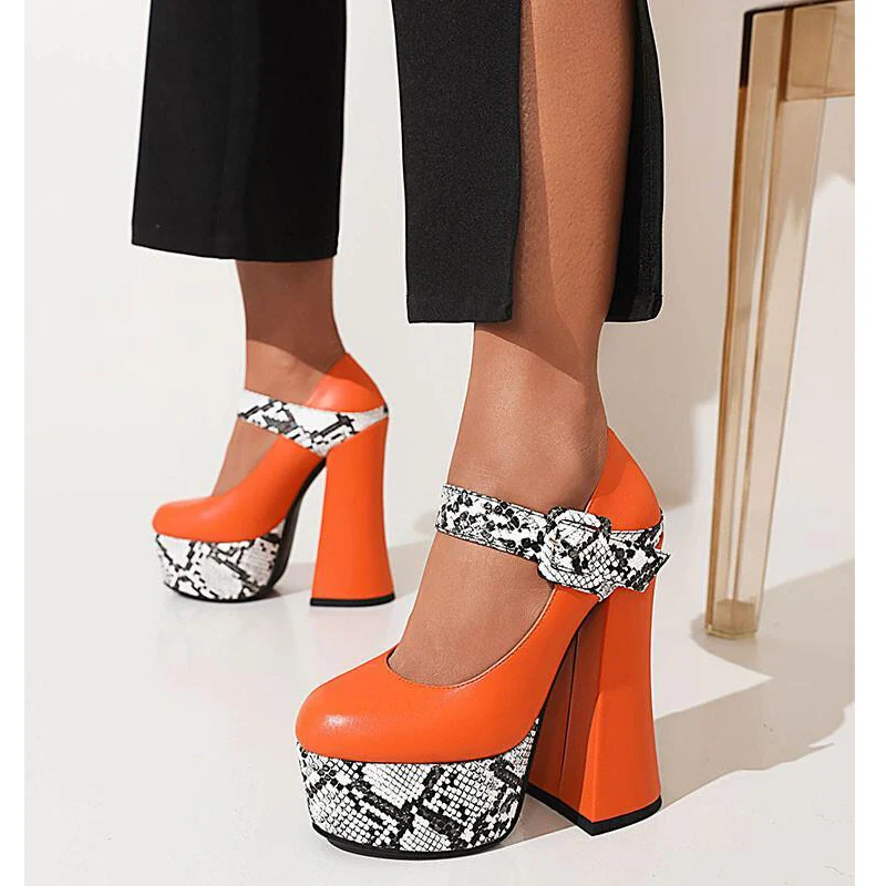 

2022 New Spring Thick Heel Platform Women Pump Sexy Party High-Heeled Shoes Mixed Color Snake Pattern Mary Janes Heel 19-CHC-25
