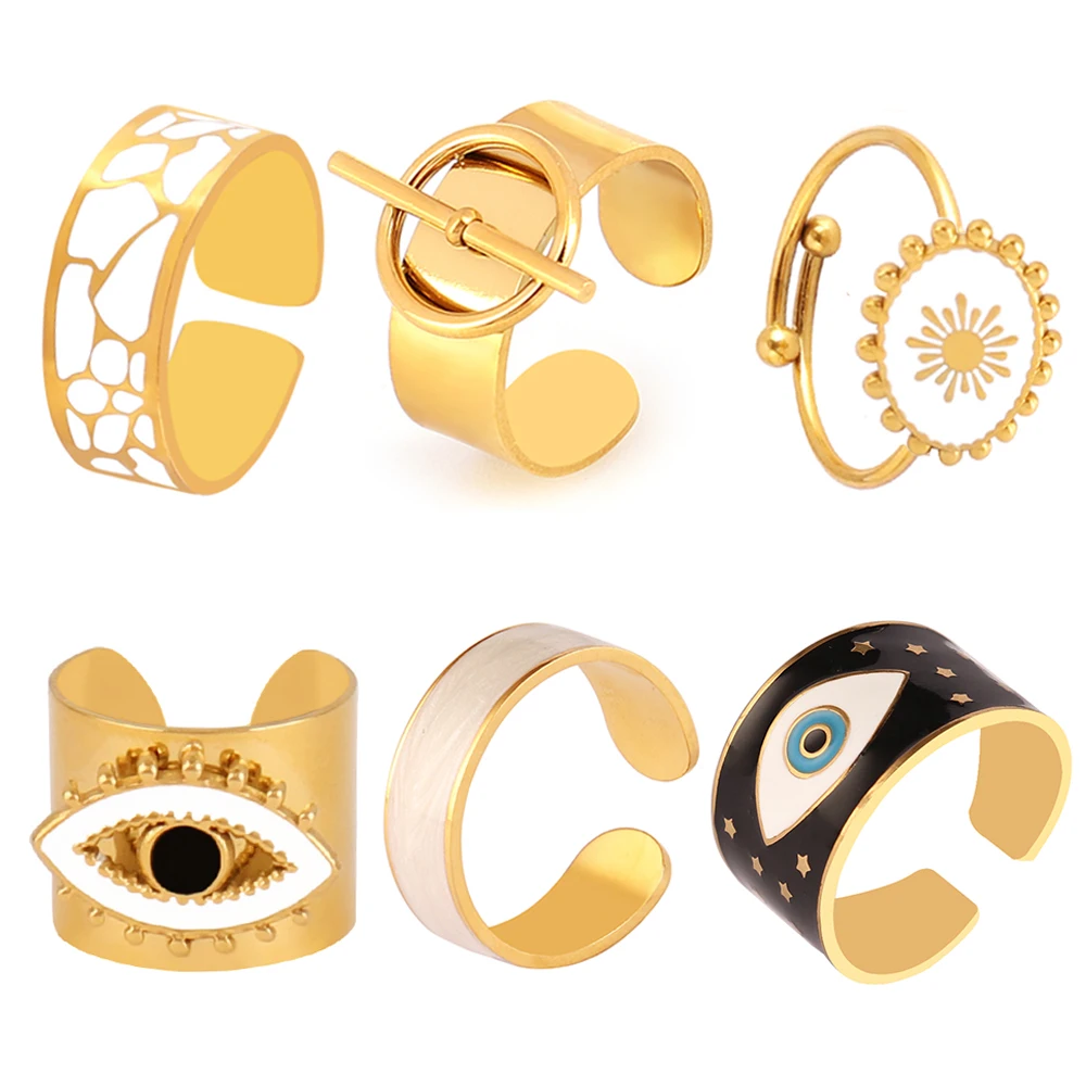 

Stainless Steel Ring For Women Gold Color Wide Ring with Circle Adjustable 316L Ring Open Evil Eye Rings Men Jewelry Wholesale