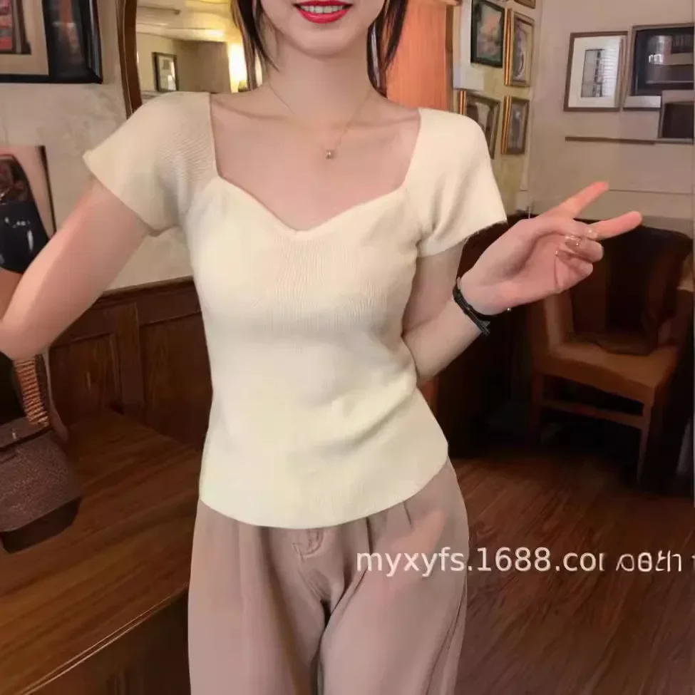 Разумный Женский трикотажный топ с V-образным вырезом и коротким рукавом