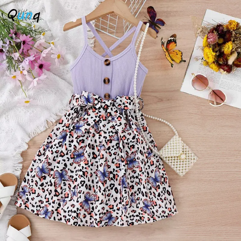 

Qunq 2023 Summer New Girls Pit Strap Fashion Sleeveless Patchwork Leopard Print Sweet Dress Casual Children Clothes Age 3T-8T