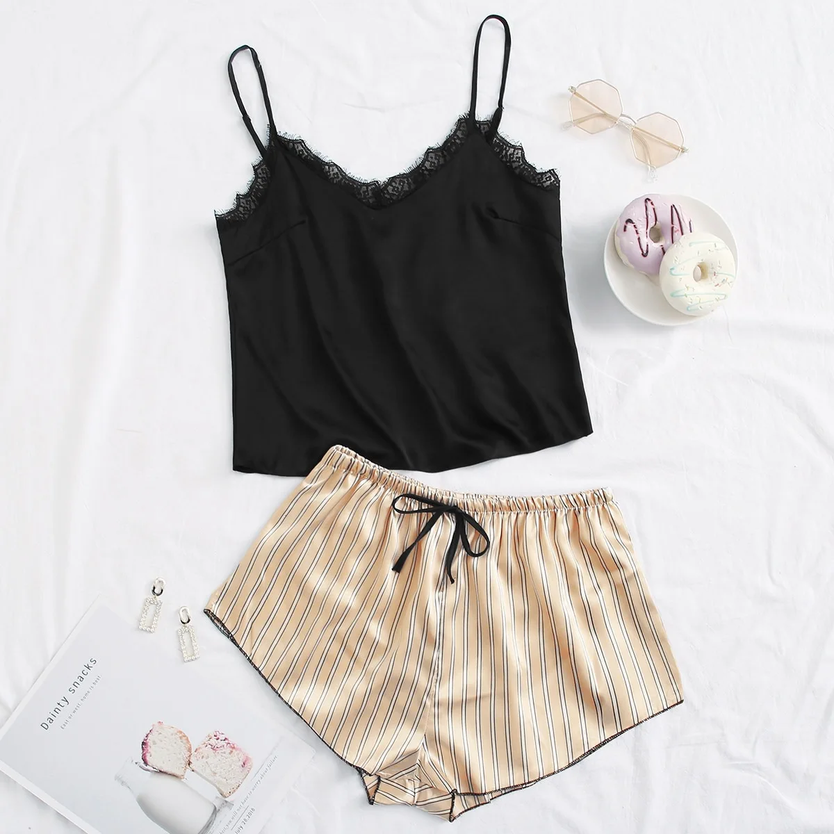 

Summer Pajamas Women Satin Suspender Sling&Shorts Set V-Neck Two-pieces Sleep Suit Sexy Lace Pyjamas Lounge Wear Sleepwear