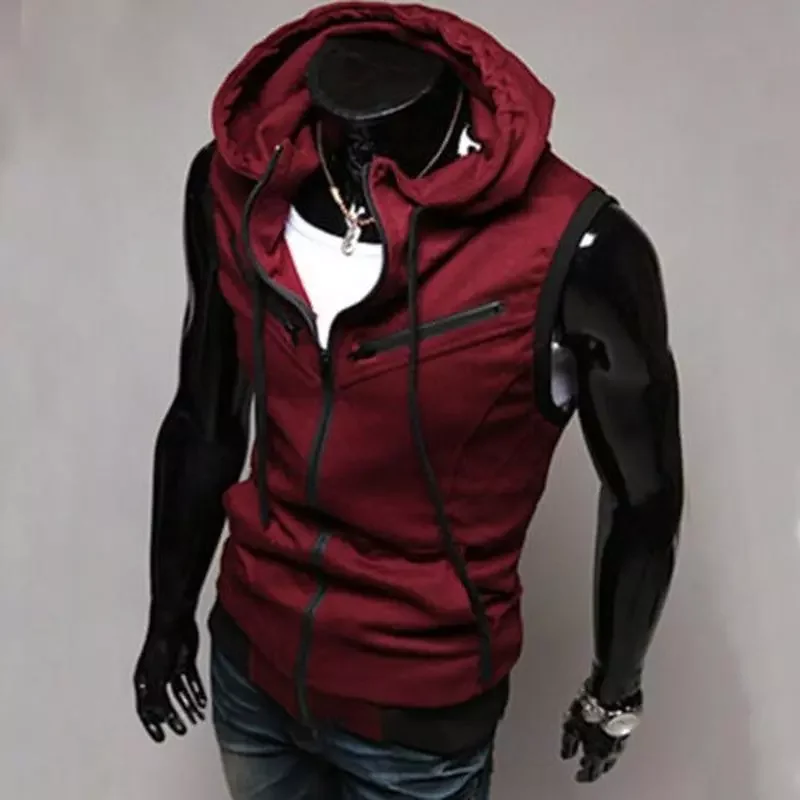 

2022NEW Autumn Men Sleeveless Zip Up Hoodied Vest Sports Workout Muscle Tank Tops Blouse Shirt Solid Casual Sportswear Hoodies