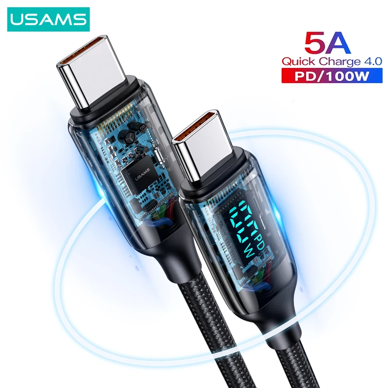 USAMS U78 100W LED Display C To Type C Phone Cable For Huawei Xiaomi Fast Charge Cables PD 20W C To Lightning Cable For iPhone