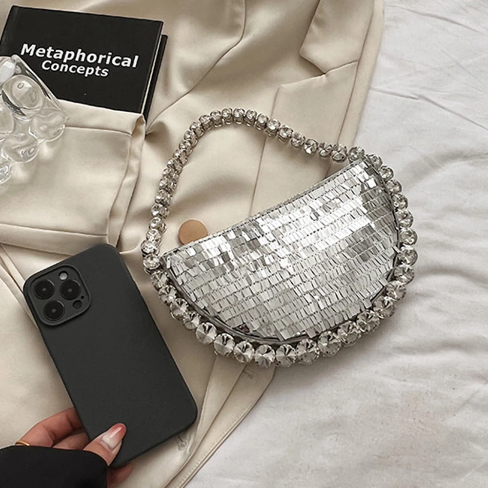 Sequined Evening Bags for Women Luxury Diamonds Handle Women Handbag Mini Half Moon Shoulder Bag Fashion Designer Bag Clutch New