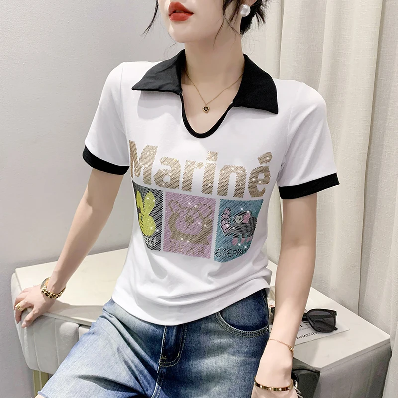 2023 New Summer European Clothes T-Shirt Women Chic Sexy POLO Collar Spliced Shiny Diamonds Animal Tops Short Sleeve Tees 35052