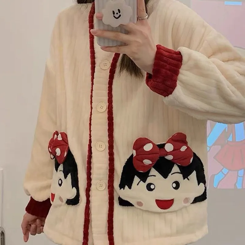 Kawaii Pajama Set Winter Warm Sleepwears for Women Lovely Girl Fleece Pyjama 2 Pieces Home Clothes Cute Nightwear V Neck Female