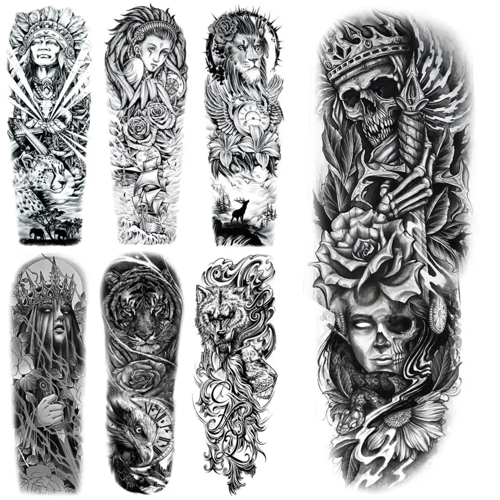 

Full Sleeve Temporary Tattoos For Women Men Realistic Skulls Roses Tigers Lions Fake Tattoo Stickers Thigh Waterproof Tatoos