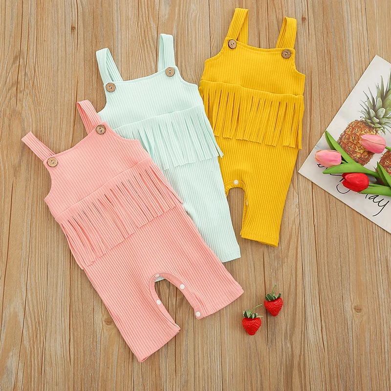 

2022 Newborn Baby Summer Toddler Baby Girls Jumpsuit Overall Cotton Sleeveless Solid Color Tassels Baby Romper Clothing 0-12M