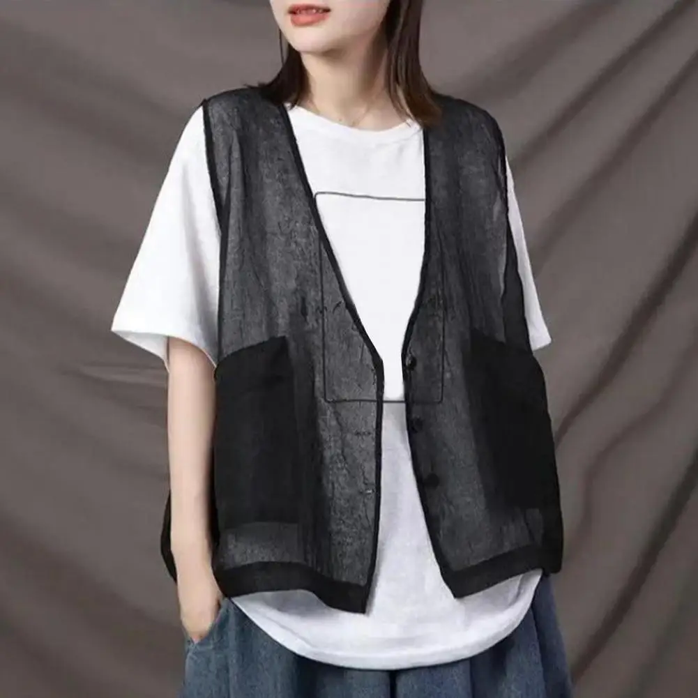 

Women Vest Coat See-through Sleeveless Cardigan Vest Solid Color V Neck Single-breasted Waistcoat Loose Big Patch Pockets Vest