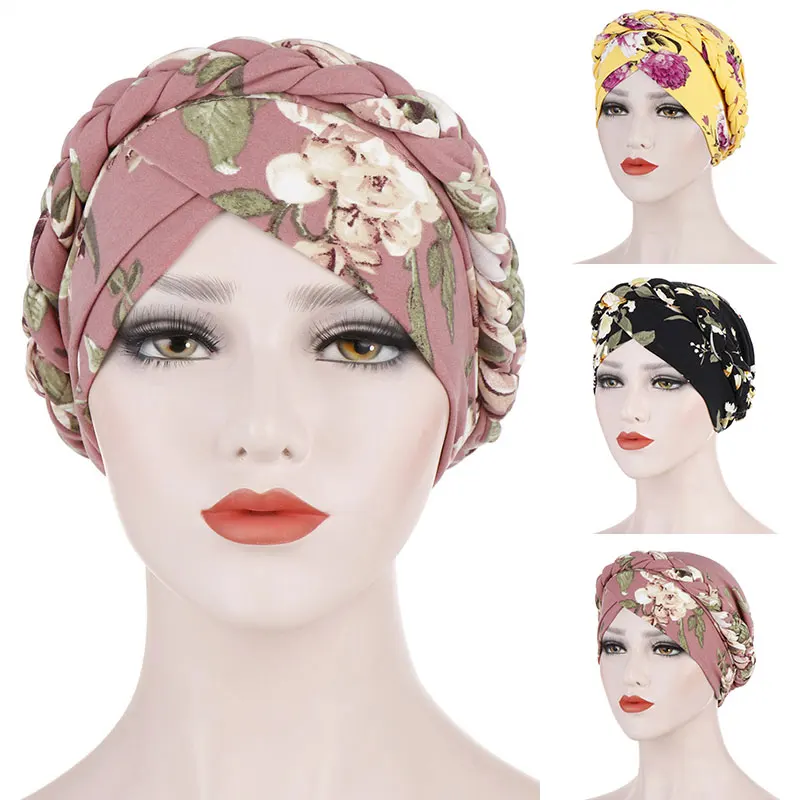 

Floral Print Hijab Women Frosted Milk Silk Headband Short Braided Headband Can Hide Hair Turban Scarf Head Wrap Muslim Head Wrap