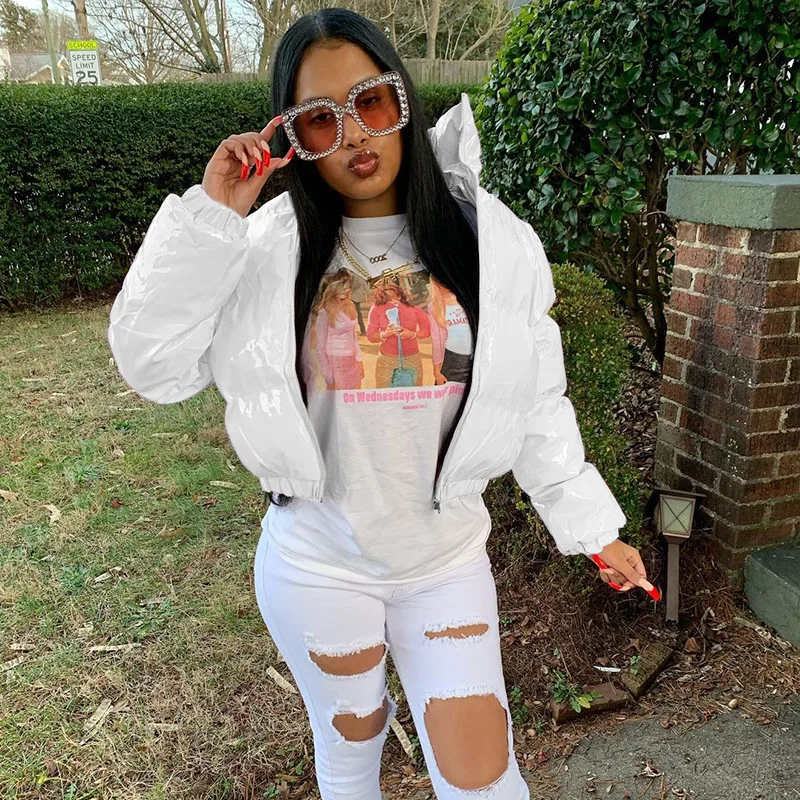 Neon Color Women's Pu Leather Down Jacket Long Sleeve Parka Stand Collar Winter Warm Coat Mirror Smooth Zipper Overcoat