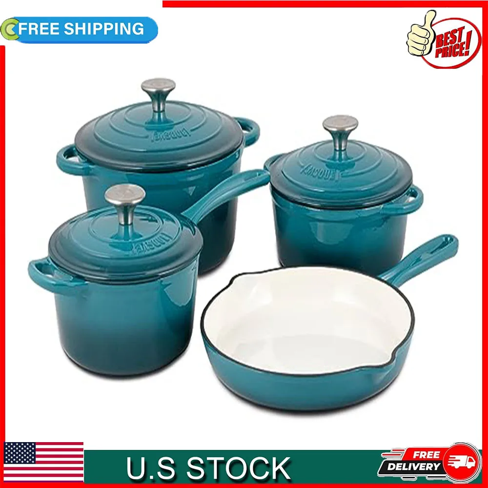 

Basque Enameled Cast Iron Cookware Set, 7-Piece Set (Biscay Blue), Nonstick, Oversized Handles, Oven Safe; Skillet, Saucepan