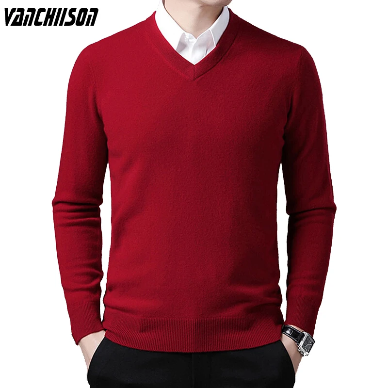 

100% Wool Men Pullover Knit Sweater Jumpers Long Sleeve Warm for Autumn Winter V Neck Solid Casual Male Fashion TUE13T56