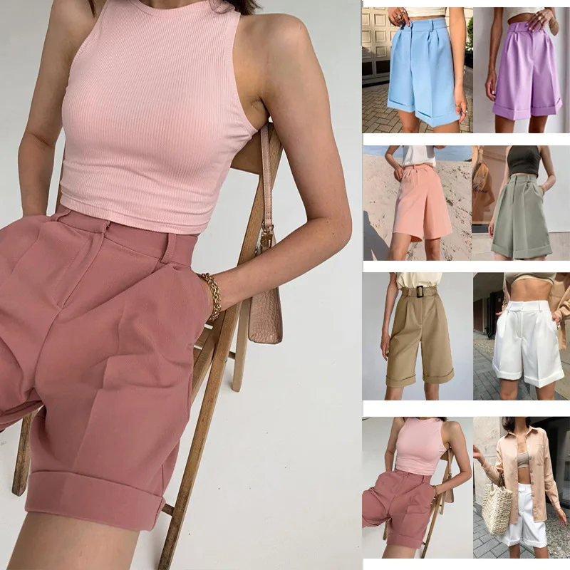 

Новые женские строгие брюки с манжетами и карманами на пуговицах на молнии однотонные повседневные шорты
