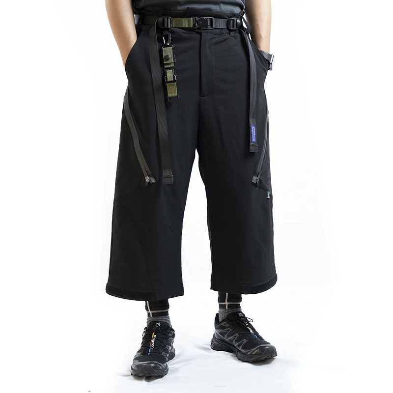 WHYWORKS 21SS cyberpunk Wide samurai pants capris pockets techwear streetwear zipper all black style Ankle-Length Pants