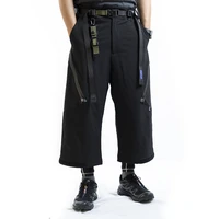 whyworks 21ss cyberpunk wide samurai pants capris pockets techwear streetwear zipper all black style ankle length pants