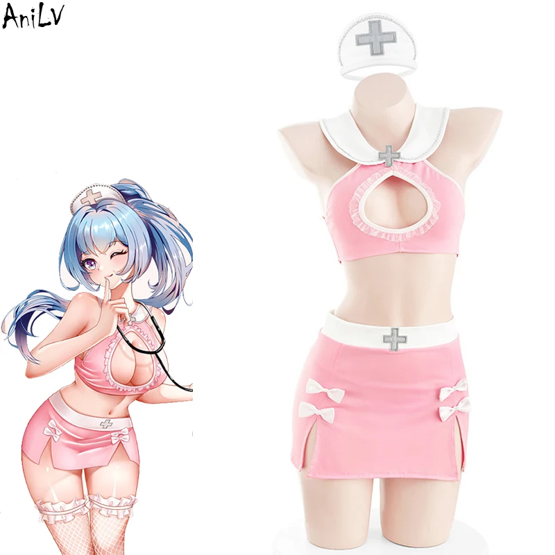 

Новинка 2022, аниме милая девочка AniLV, розовая медсестра Unifrom, Женская милая одежда с ажурным бантом, костюмы для косплея