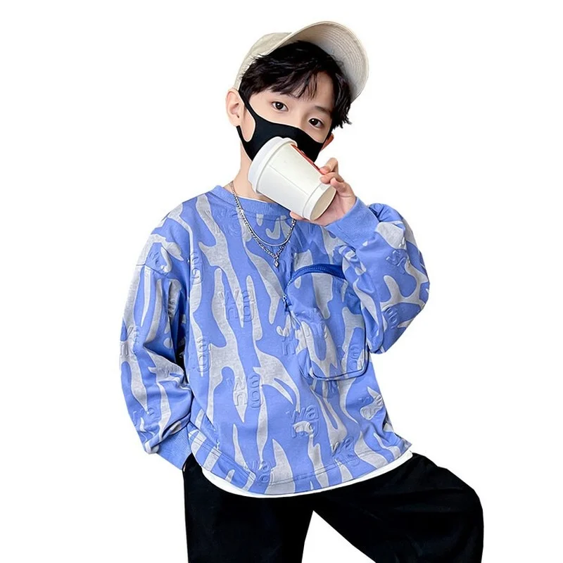 

Boys Hoodies Letter Embossed Sweatshirt Spring Autumn Fashion New Tops Teenage Streetwear Fake Two-piece Pullover 8 10 12 14 Y