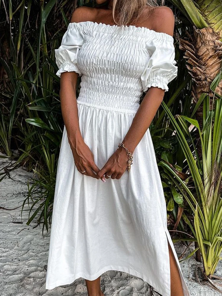 

New Elegant Solid Elastic Waist Side Split Maxi Dresses Female Casual Dresses Women Fashion Slash Neck Solid Beach Long Dress