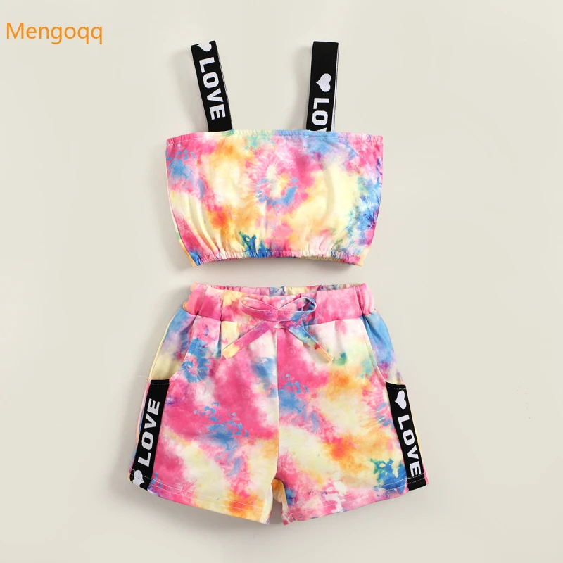 

Fashion Girls Summer Off Shoulder Love Tie-dyed Top Vest Shorts Pants Children Toddler Kids Baby Clothing Set 2pcs 12M-5Y