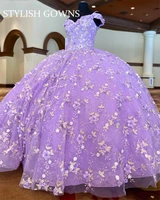 lavender handmade 3d flowers ball gown off the shoulder sweet 16 quinceanera dresses with beads birthday party gowns corset dres
