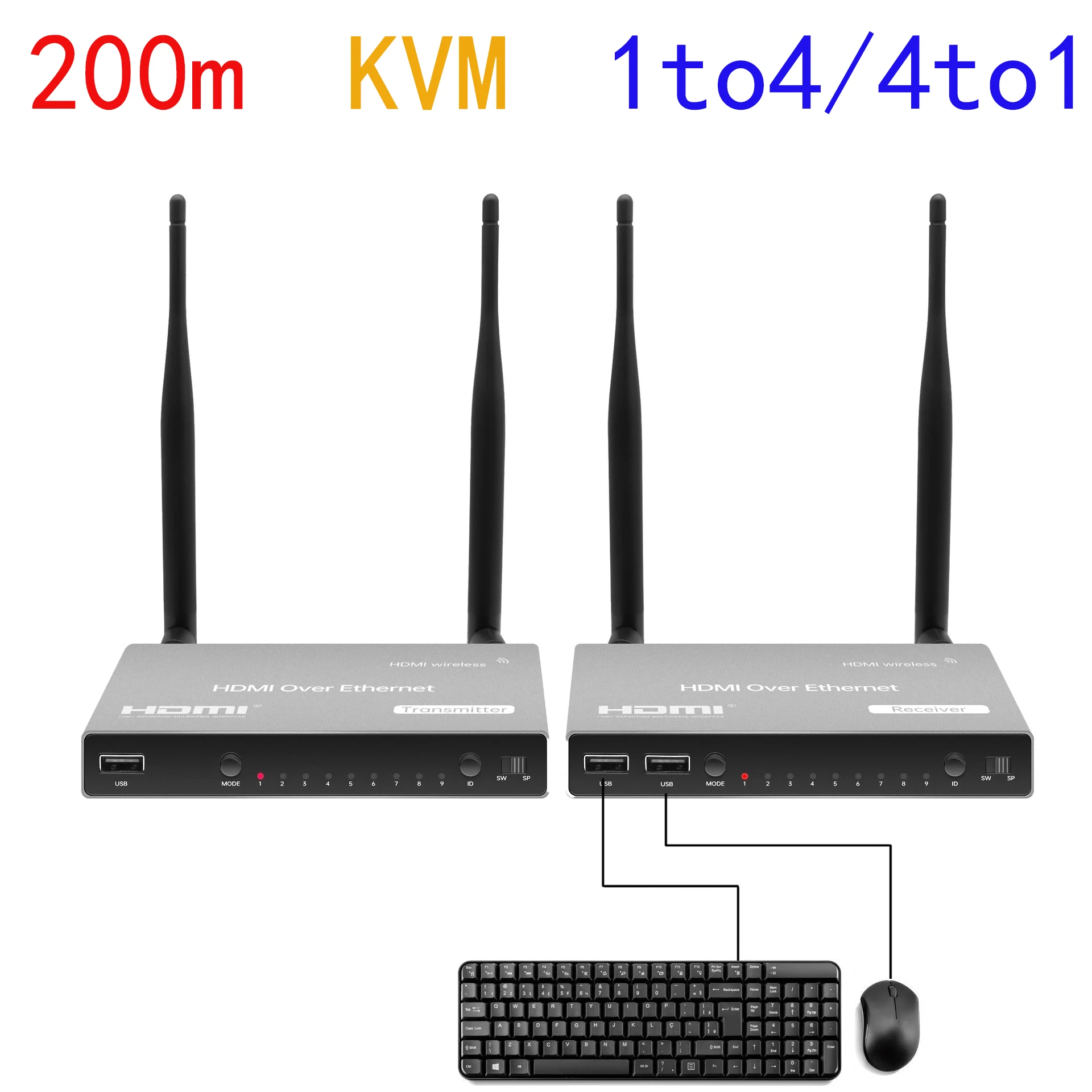 

200M Wireless Wifi HDMI KVM Extender Video Transmitter Receiver 1 TX To 2 3 4 RX Splitter / Multi To One Switch Laptop PC To TV