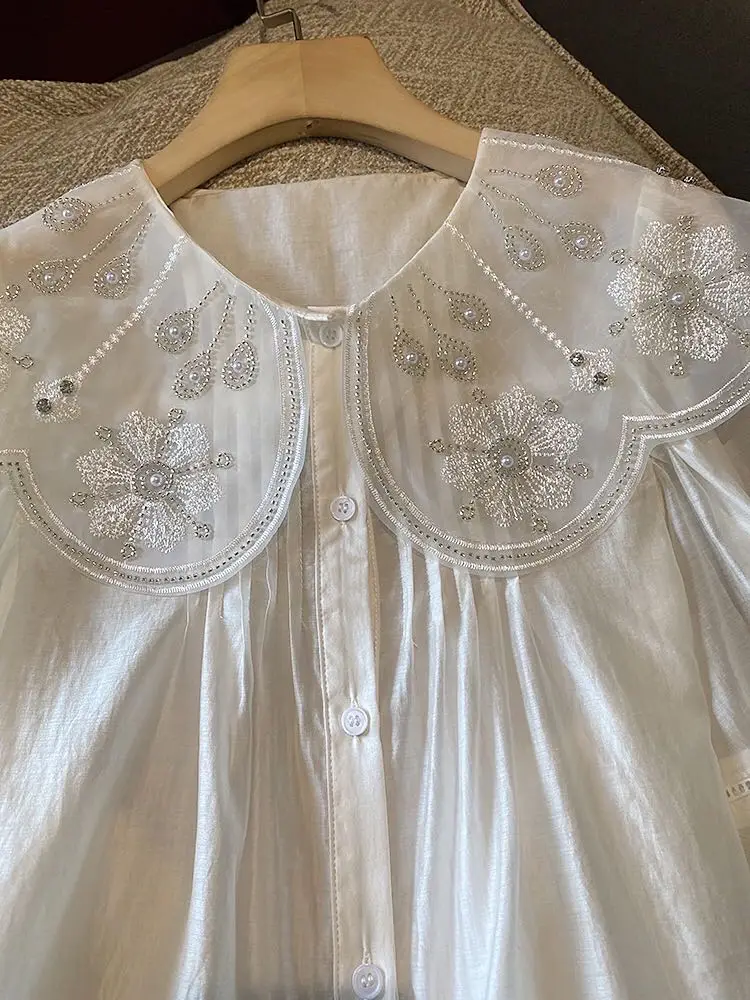 

Beads Diamonds Peter Pan Collar Puff Sleeve Blouses Shirt Women 2023 Summer New Fashion Sweet Korean Blusas Shirt