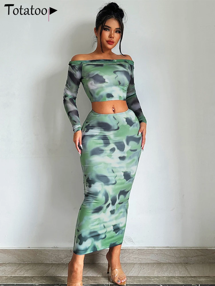 

Totatop Tie Dye Print Sexy Two Piece Set Dress For Women 2023 Summer Off Shoulder Long Sleeve Crop Top N Bodycon Maxi Skirt Suit