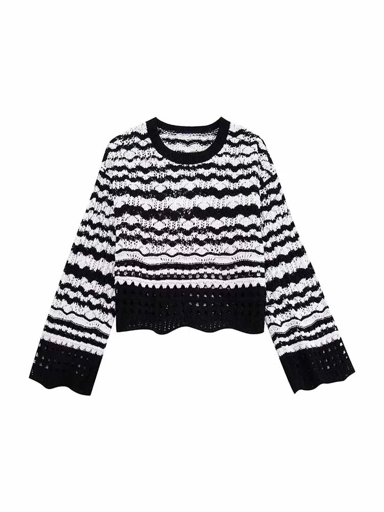 

Women Autumn New Fashion Contrast color details Cropped Striped Knitted Sweater Vintage Long Sleeve Female Pullovers Chic Tops