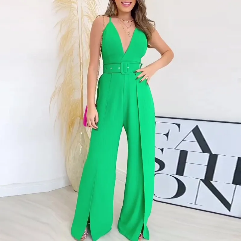 

Europe and the United States women's summer new condole v-neck conspicuous under tall waist split leg pants jumpsuits