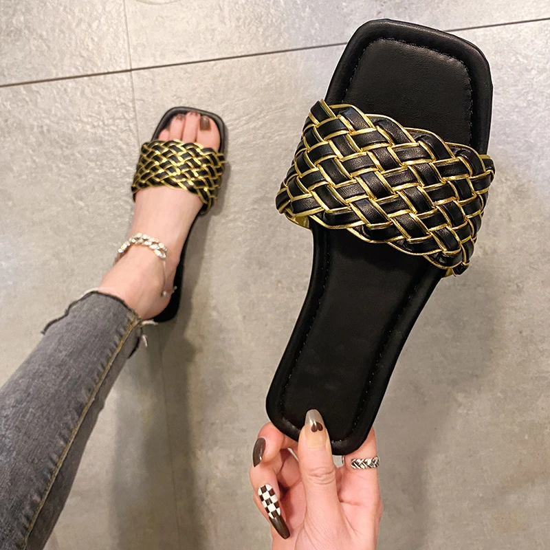 

Women Temperament Slippers Braided Design Charm Open-toe Set Foot 2022 Vacation Beach Flat Sandals Casual Flip Flops Women Shoes