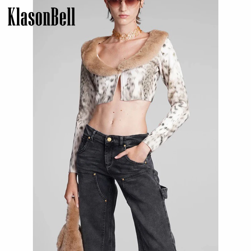 

10.4 KlasonBell Chic Fashion Detachable Faux Fur Leopard Print High Waist Short Knitted Cardigan Women