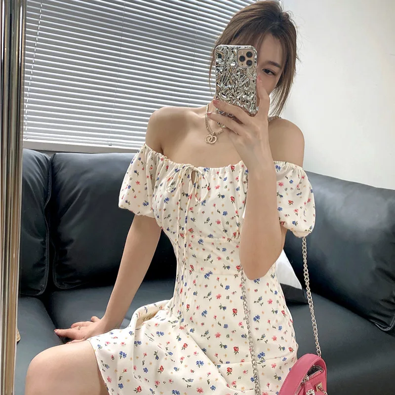 

Summer Square Neck Women Floral Dress High Waist Slim Drawstring A-line Mini Dresses lady Vestidos 2022