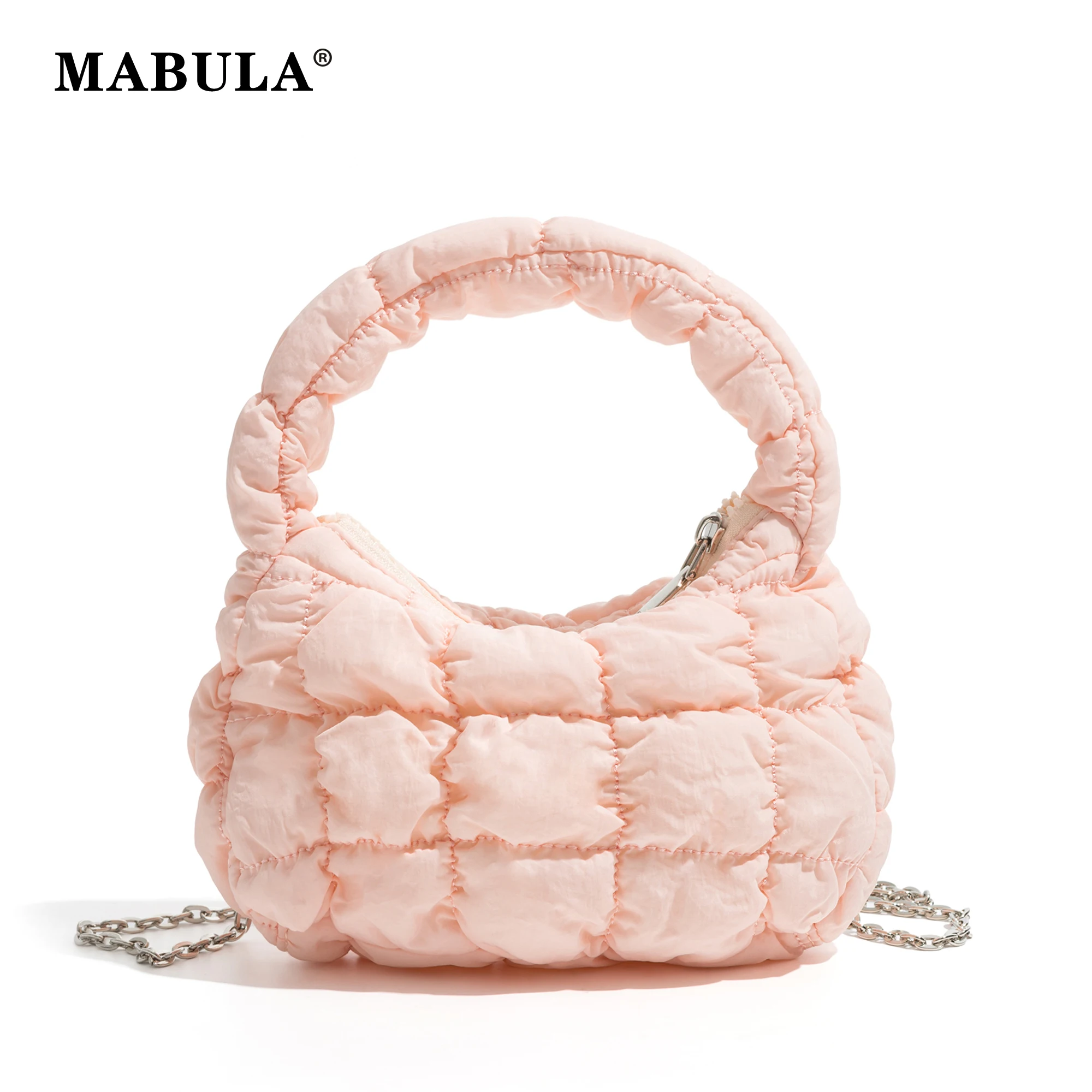 

MABULA Cute Pink Puffer Clutch Purse Feather Down Quilted Padded Phone Pouch Mini Chain Crossbody Pillow Handbag Women's Bag