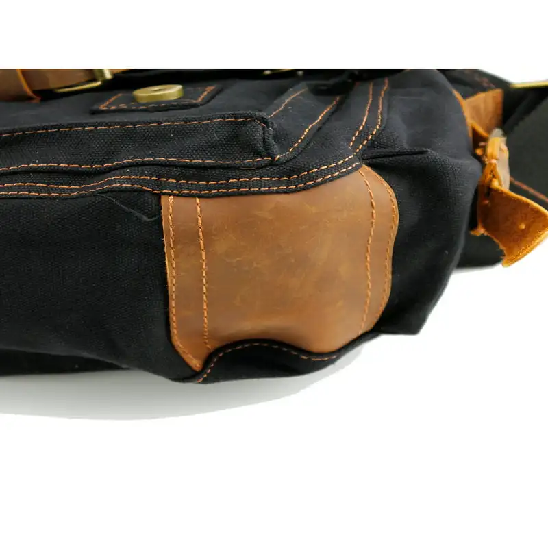 Men's Classic Black Leather Vintage Canvas and Satchel Military School Shoulder Messenger Bag - Stylish & Durable.