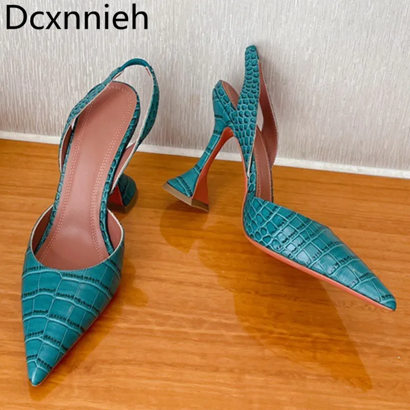 

Summer New Stone Pattern Pointed Women Shoes Real Leather Shallow Slip-on Party Sandals Pointy Runway Strange Heel Bride Sandals