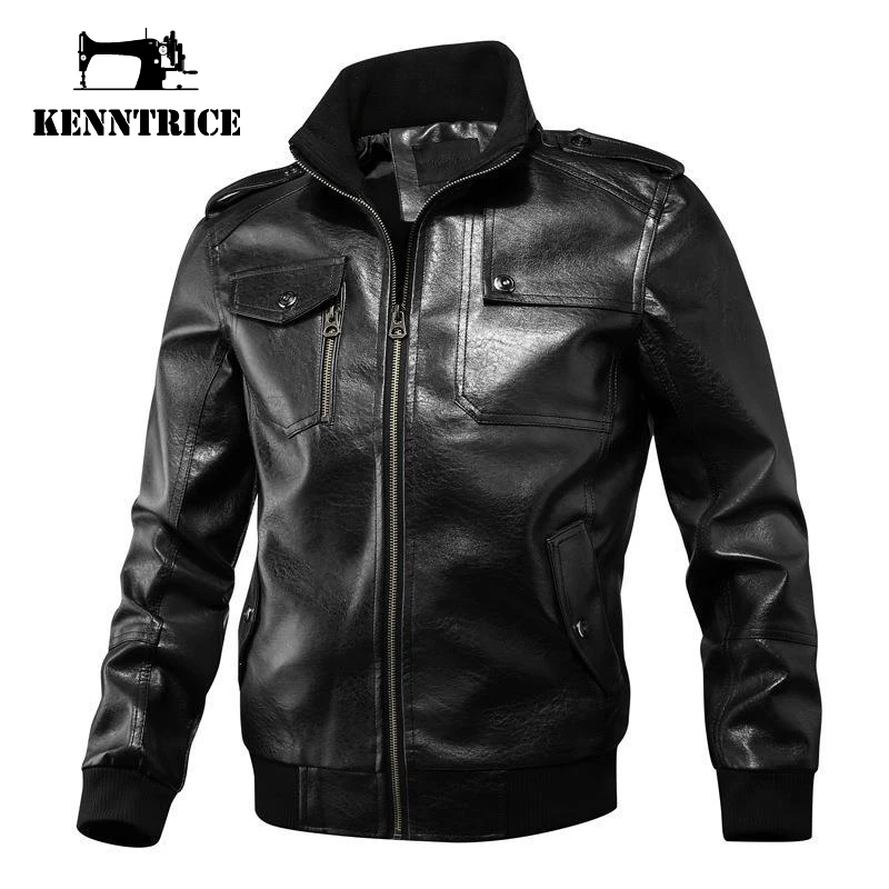 Kenntrice Men's Leather Motorcycle Jackets Men Stand Collar Jacket Vintage Pu Jackets Luxury Leather Jacket Pocket Black Fashion