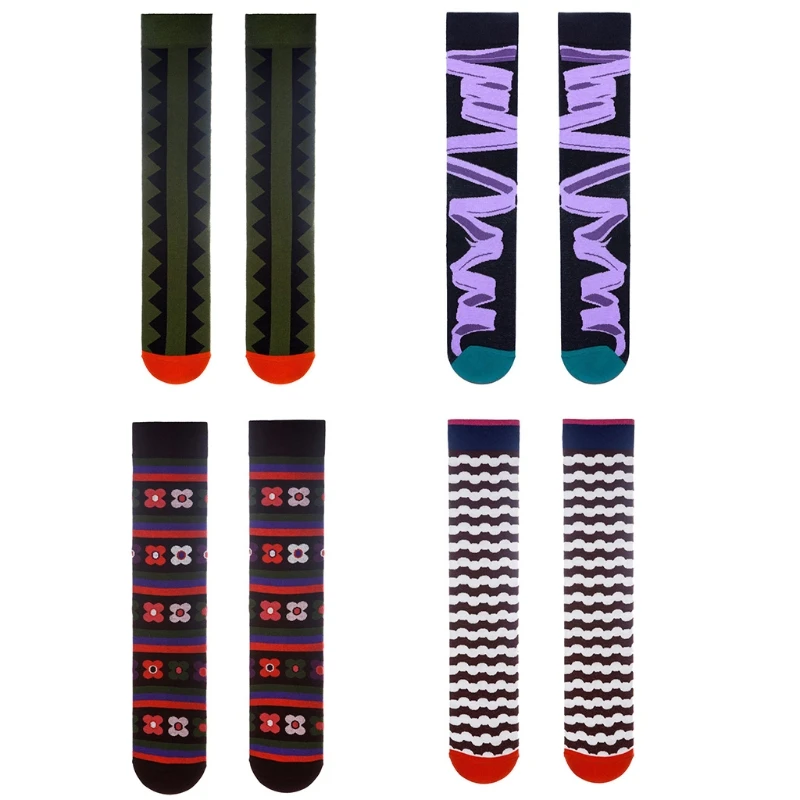 

Women Harajuku Multicolor Knee High Socks Abstract Geometry Print Calf Stockings 37JB