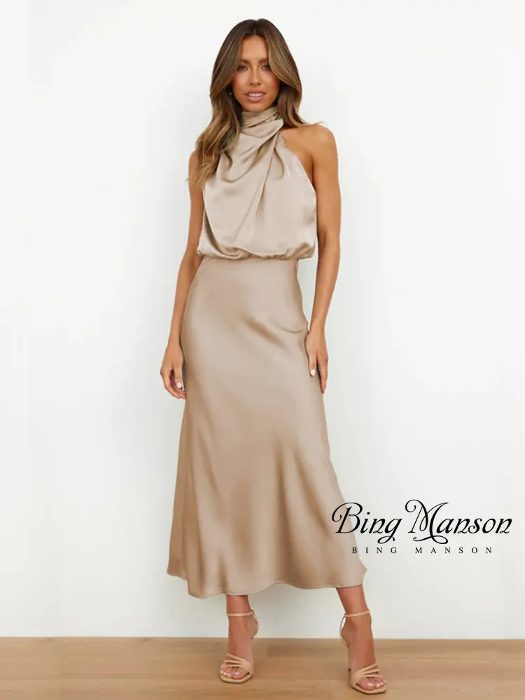 

2023 Spring and Summer Fashion New Senior Sense Satin Sleeveless Dress Elegant Celebrity Light Evening Dress Bodycon Dress