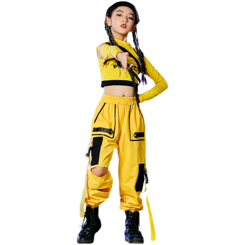 

Girls Hip Hop Dance Costumes Children Yellow Outfits Jazz Street Dance Wear Ballroom Hiphop Rave Clothes Stage Costumes 120-170